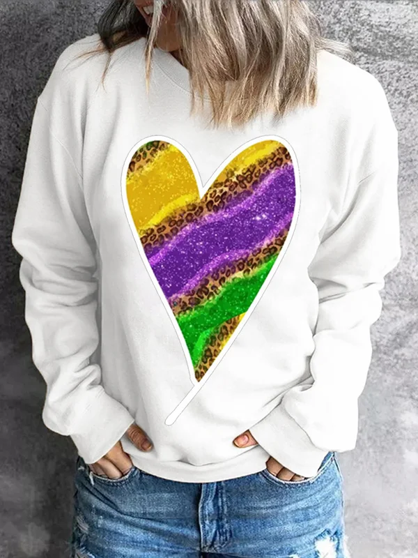 Round Neck Shift Casual Sweatshirt Mardi Gras Hoodies Shiny Heart-shape Graphic Top Oversized Fashion Sweaters Hoody