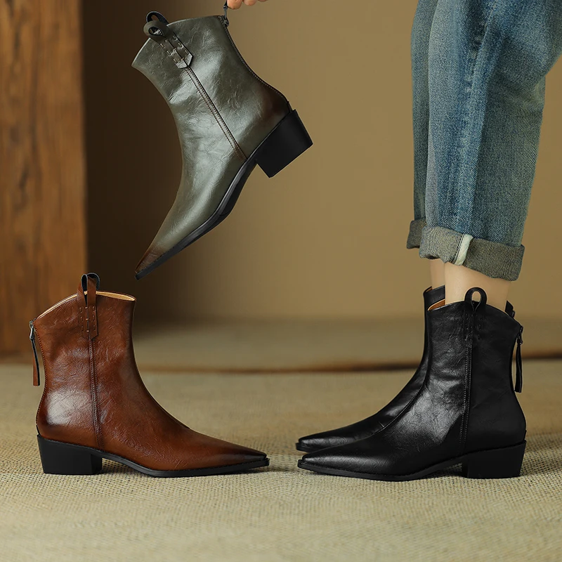

2023autumn winter women ankle boots natural leather plus size 22-29cm cowhide+pigskin full leather back zip western boots
