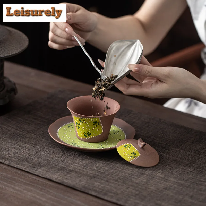 Hand-painted Daisy Patchwork Old Rock Clay Gaiwan Creative Tea Tureen Tea Bowl With Lid Kit Tea Brewing Cover Bowl Teaset Craft
