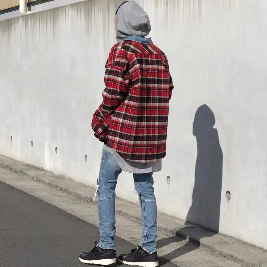 Kanye Vintage Cowboy Collar Plaid Shirt Men Streetwear Urban Oversize Casual Long Sleeve Checkered Shirts Outwear Unisex Clothes