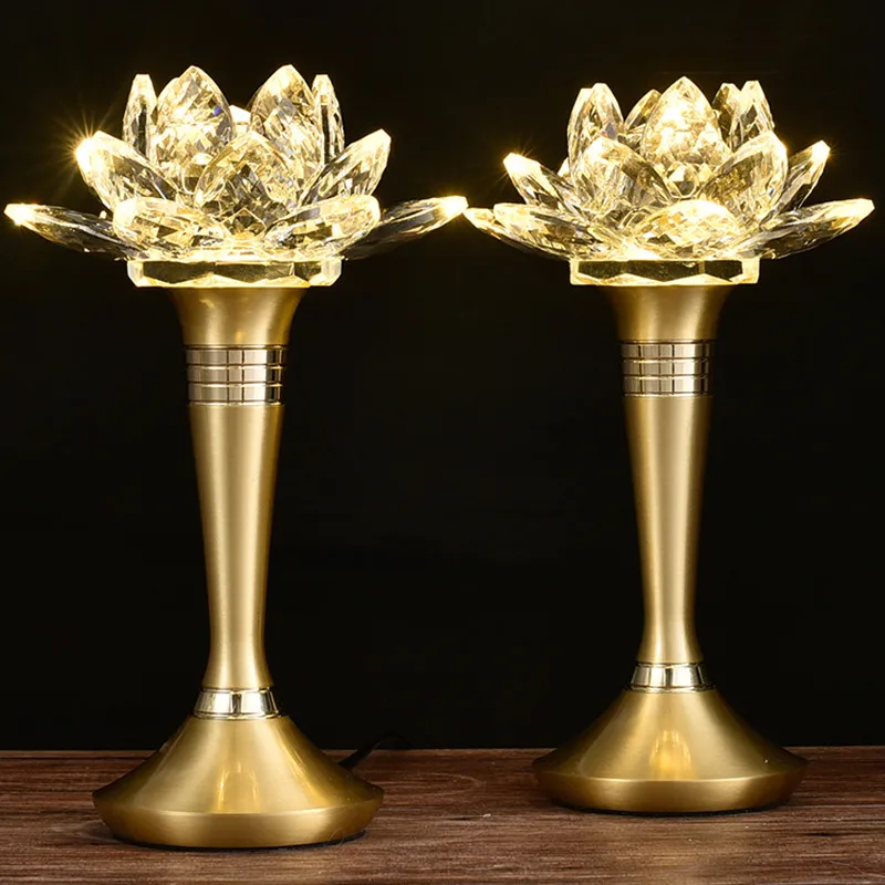 

2pcs Chinese Crystal Plug-in Lotus Lamp Ornaments Colorful Lights Buddha Hall Worship Home Decorations Buddhist Accessories