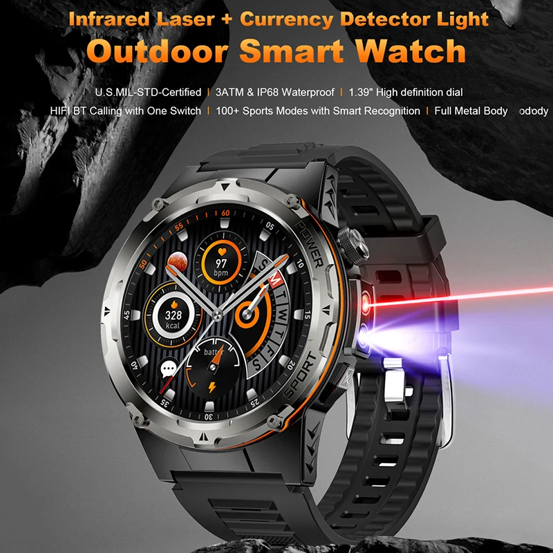 New Smart Watch GPS Sports Men Compass LED Flashlight NFC Blue Tooth Call 3ATM Waterproof Health AMOLED Screen Smartwatch 520mAh