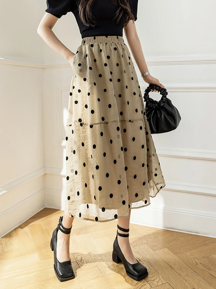 

Elegant Polka-dot Skirt Women Summer 2023 High Waist Mid-length French Chiffon Skirt Female Fashion A Line Faldas Mujer