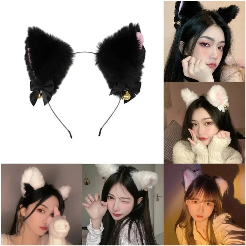 Fashion Fox Cat Ear Hair Band Popular Plush Cat Ear Headband Black White Soft Hairband with Bells Party Cosplay Hair Accessories