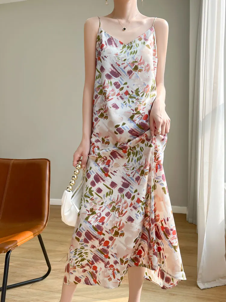 시크 새틴 페인트 서스펜더 원피스 패션 보터밍 백, 힙한 실크 롱 스커트, 하이 엔드 슬링, 2024 년 봄 여름 신상 