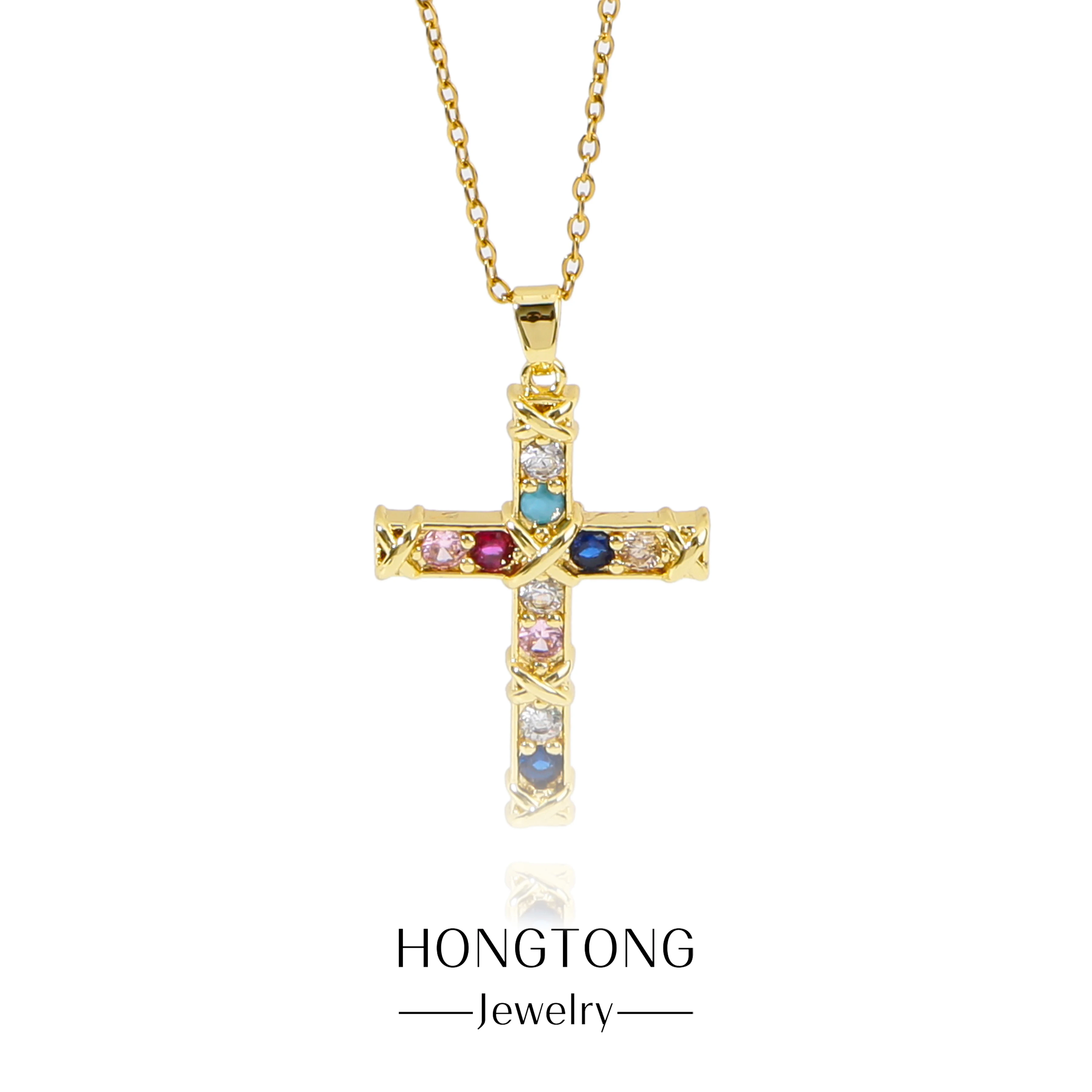 

HONGTONG Hip Hop Staggered Lines Unique Christian Cross Pendant Colorful Rhinestone Stainless Necklace Personalized Jewelry Gift