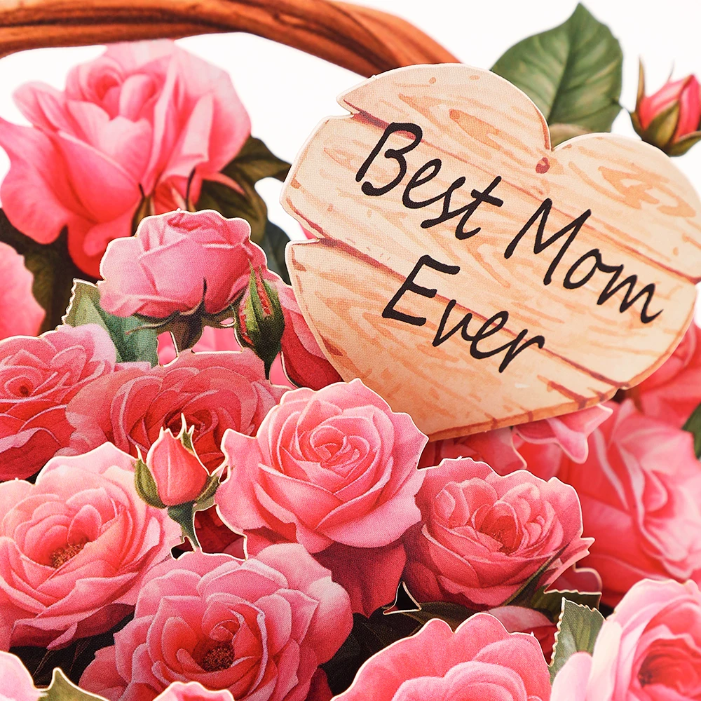 Mothers Day Pink Rose Flower Basket Celebration Creative Home Decor Anniversary Floral Ornaments 3D Pop-up With Envelope