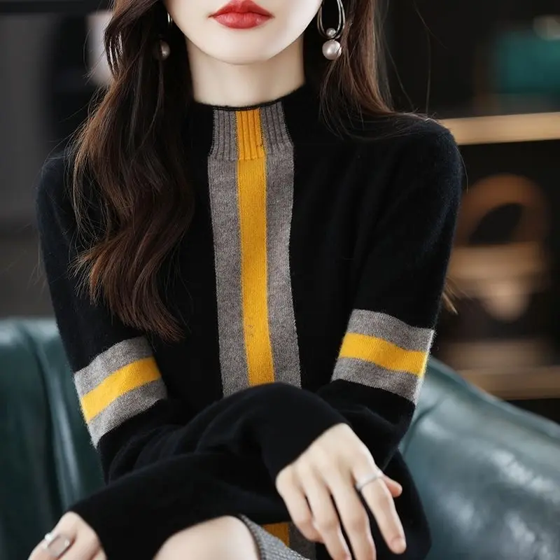 

Women's Sweater Black Striped Gigh Neck Jerseys Beig Turtleneck Pullover Knit Tops for Woman Y2k Vintage Crochet Winter 2023 90s