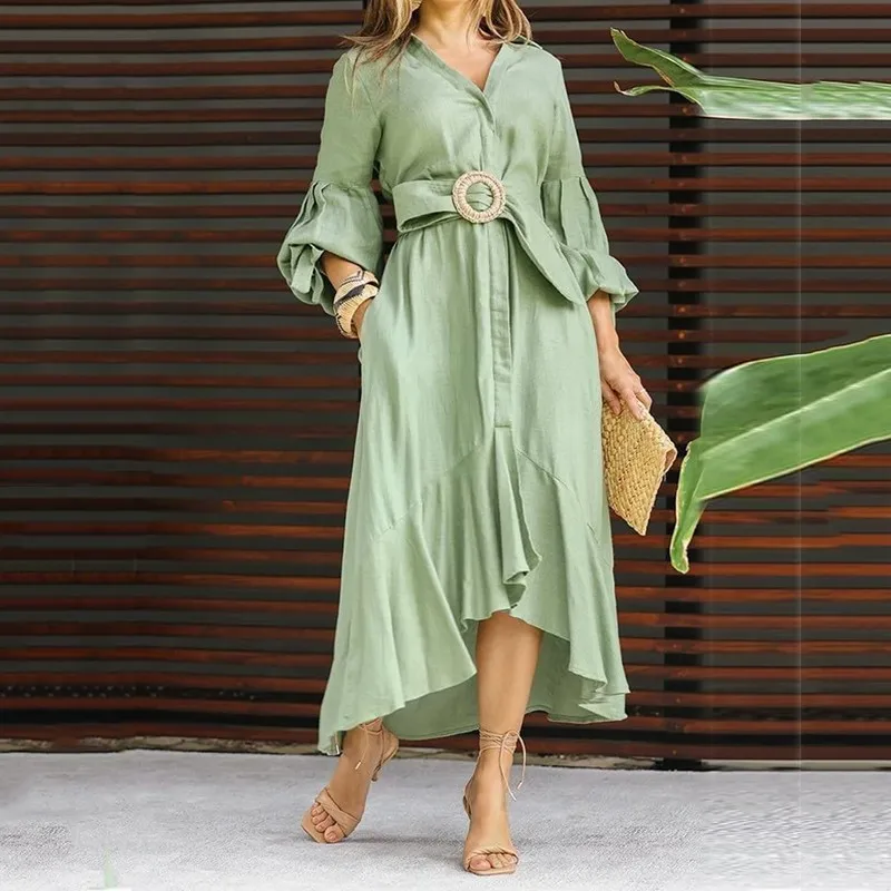 

Dress Women Summer 2023 Rash Guard Beach And Tunics Beachwear Green Western Full Long Sleeve Neck Lapel Solid Pocket Spandex