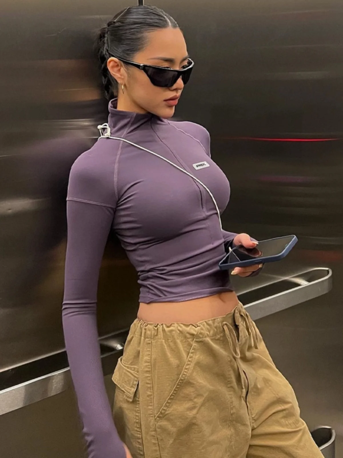 

Purple Half High Neck Tight Long Sleeved Top