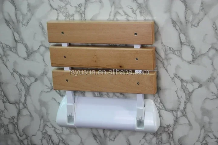YUSUN Bathroom Wooden Foldable Shower Seat Wall Mounted 5