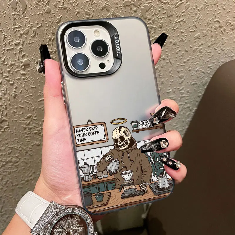 Kaffeehaus-Skelett-Cartoon-Handyhülle für iPhone 17 15 14 13 12 11 Mini Pro Max 16 Pro Max Plus 15 Plus Stoßfeste Laser-Cover – Detail 1
