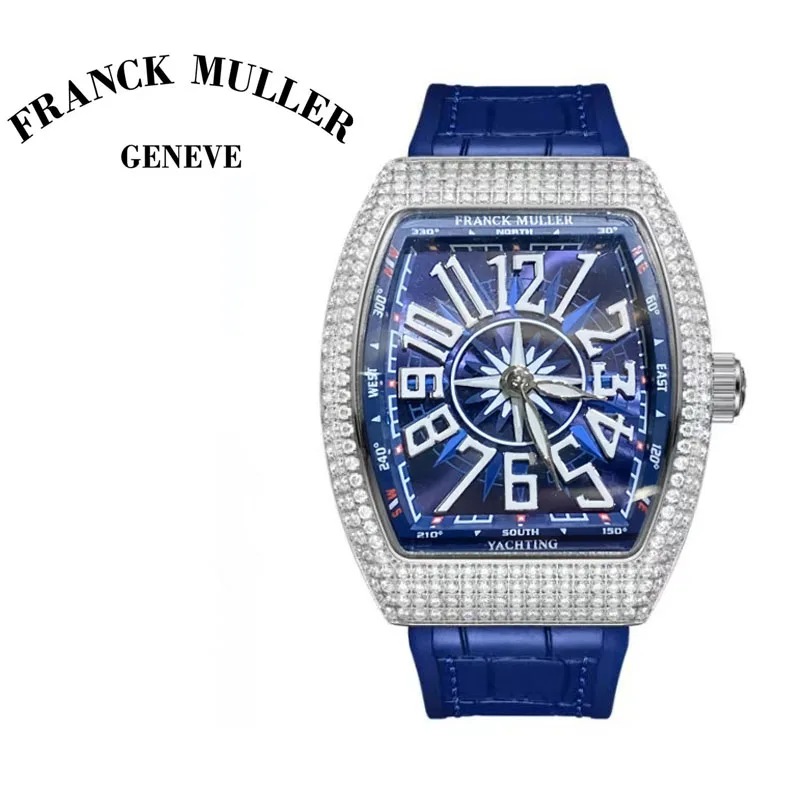

FRANCK MULLER Men's Watches Wine Barrel Yacht Series Luxurious Diamonds Waterproof Watch Creative Leather Women's Wristwatches.