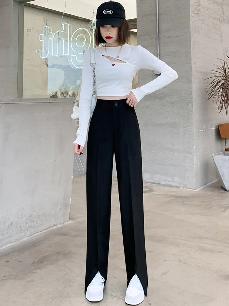 Plus Size Slit Front Black Flare Pants for Women Korean Style Casual Office  Lady Business Work Trousers High Waist Suit Pants