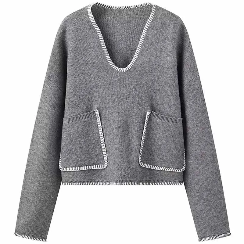 

TRAF V Neck Knit Oullovers Oocket Cropped Sweaters Knitted Sweater Crop Top Women Cashmere Sweater Women Short Sweaters