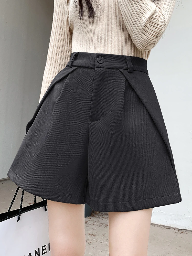 QOERLIN Stylish Winter New Woolen Boot Shorts High Waist Wide Leg Pocket Shorts Elegant A-Line Suit Shorts Korean Fashion 2024