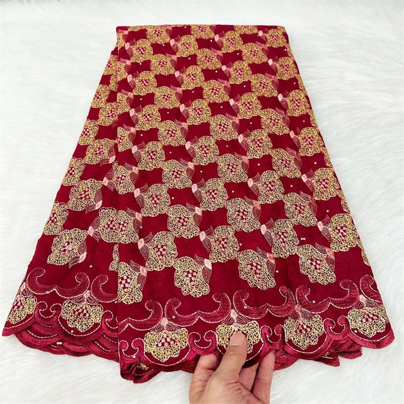

Red Swiss Voile Lace Fabric 5Yards Embroidered Cotton Fabrics with Rhinestones for sewing Traditional African Wedding Dresses