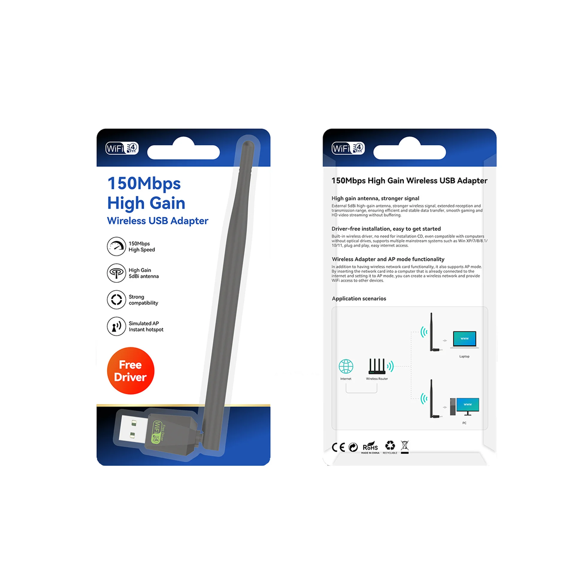 노트북 PC 용 안테나 칩셋 Ralink RTL8188FTV가있는 2.4GHz USB 2.0 어댑터 150Mbps WiFi 무선 네트워크 카드 도매 ,2.4GHz USB 2.0 Adapter 150Mbps W