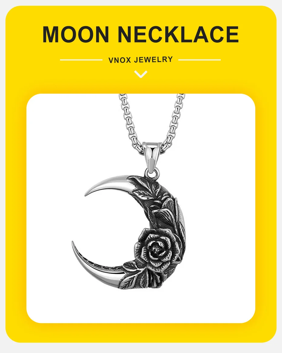 Vnox Big Moon mit Rosen-Anhänger-Halskette für Männer und Frauen, cooles Unisex-Pflanzenhalsband, Gothic-Punkrock-Schmuck – Detail 1