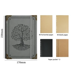 Premium A5 Leather Notebook with 120 Pages - Thickened Loose - Leaf Design for Work, Study, or Personal Journaling (Tree gray)
