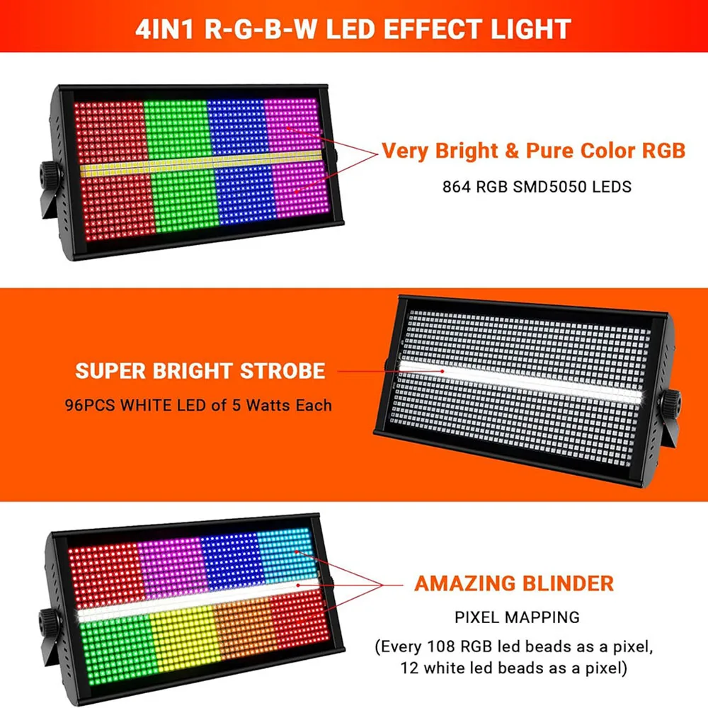 960LED RGBW Strobe Lights 4PCS DJ Disco Lights 8+8 Segments Audience Wedding Stage Lights Club Party Holiday Ambient Lights