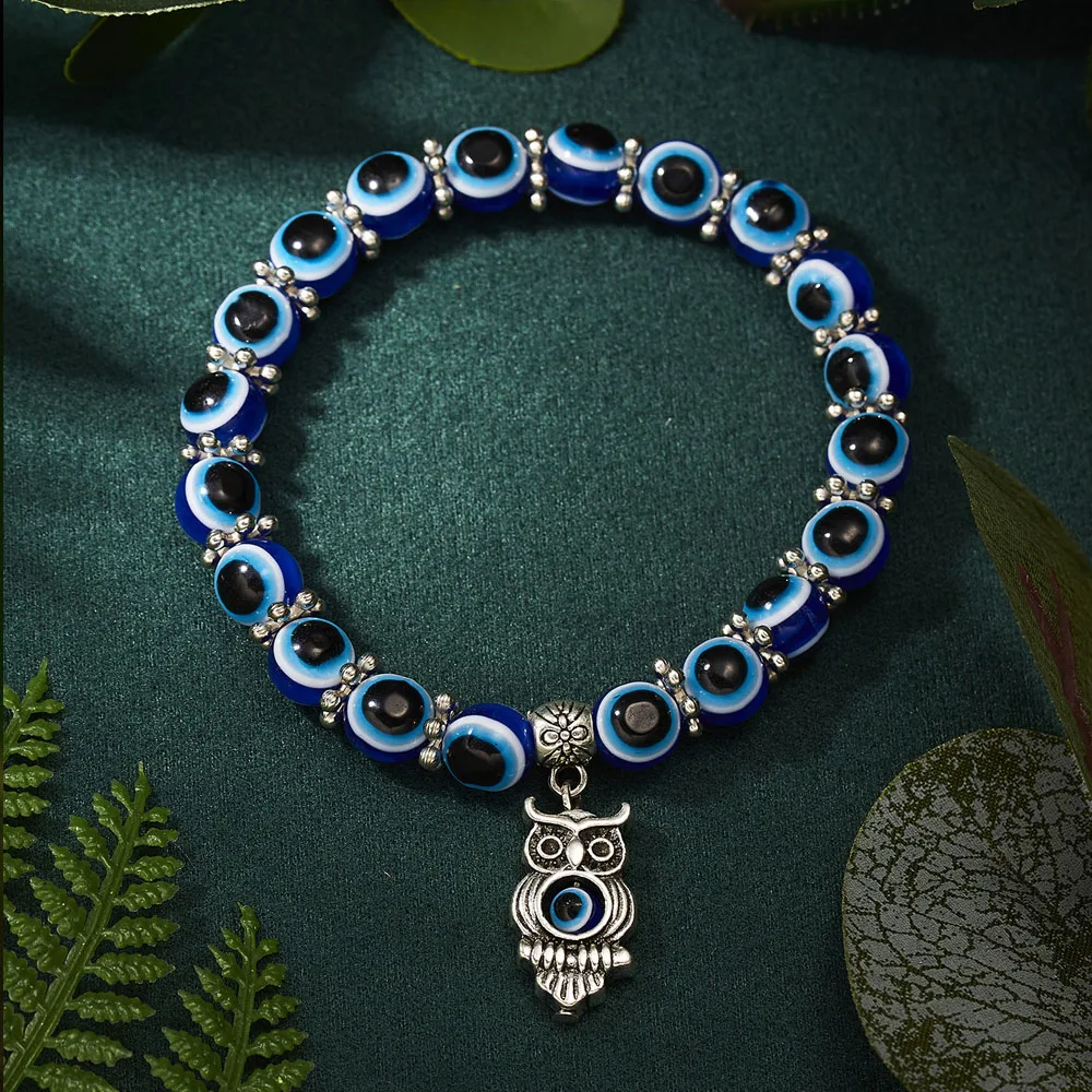 Blue Eye Amulet Beaded Bracelet Resin Evil Eye Bracelet Turtle Owl Elephant Butterfly Charm Hand Chain Men Fashion Jewelry Gift