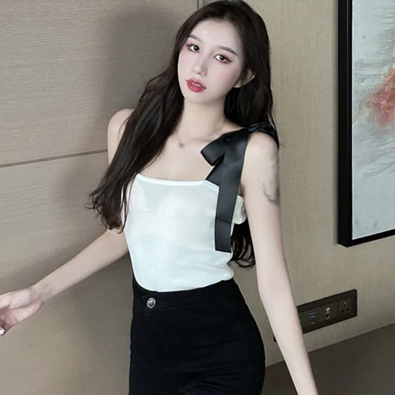 민소매 상의 스트랩 스레드 탄성 어깨 타이 활 슬림 짧은 슬링 조끼, 여름 유행 조끼