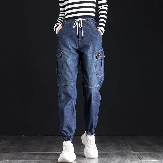 Elastic Waist Harem Jeans Women's High Waist 2022 Spring and Autumn New Overalls Are Thin and Loose Waist Daddy Pants Mom Jeans women s nine point jeans harem pants high waist daddy pants stretch loose gray thin elastic waist slim mother jeans