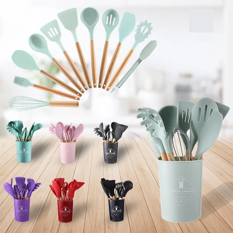 

Silicone Kitchen Utensil Set With Wooden Handle Non Stick Pan Cooking Silicone Kitchen Utensil Set