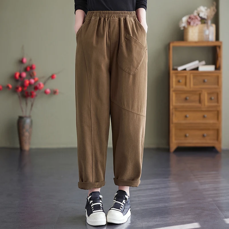 

2022 New Arrival Autumn/winter Arts Style Women Cotton Patchwork Ankle-length Pants Casual Loose Elastic Waist Harem Pants V805