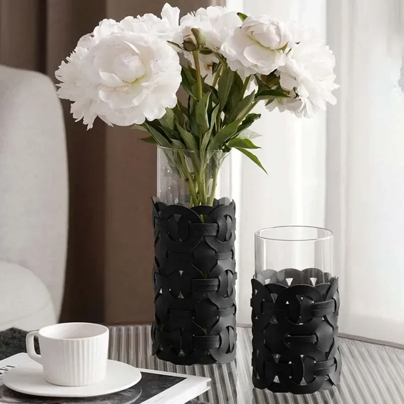 Woven Leather Glass Vase Home Decor Tabletop Vase Ornament Modern Transparent Straight Glass Flower Arrangement Home Accessories 4