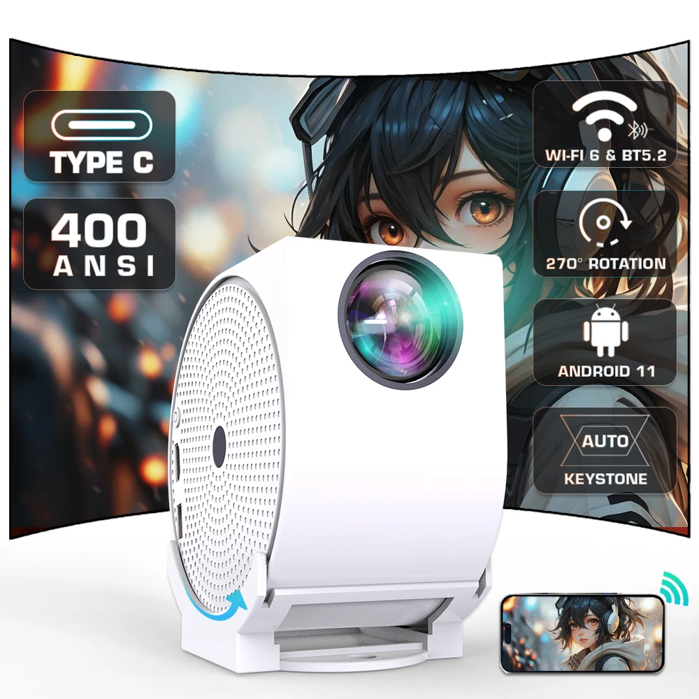 TYPE C 4K Mini Projector with WIFI 6 and Bluetooth BT5.2, 4K HD 400ANSI Portable Projector Rotatable Movie Video Projector