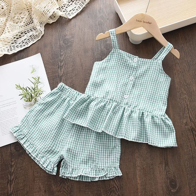 Bear Leader Girls Clothing Sets 2022 Summer Kids Clothes Floral Chiffon Halter+Embroidered Shorts Straw Children Clothing AZ2708 Green