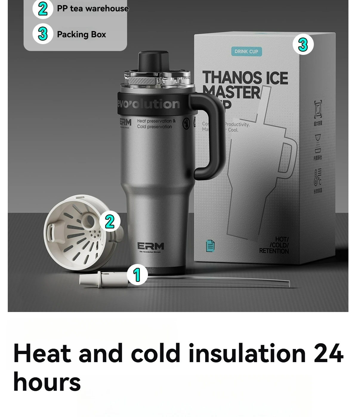 1200ML Extra Large Tumbler Ceramic Drinkware Stainless Steel Water Bottle Insulated Vacuum Flask Straw & Handle Leakproof Mug