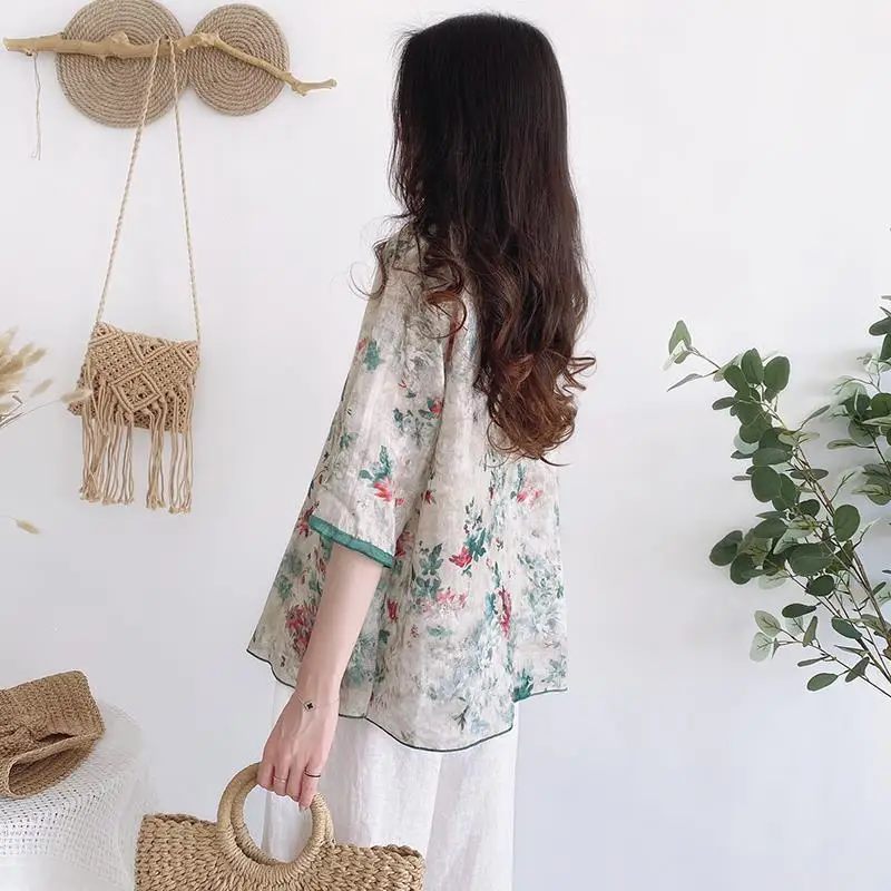 Folk Broken Flowers Blouse Female Clothing Chinese Style Half Sleeve Summer Vintage Casual O-Neck Fashion Spliced Loose Shirt