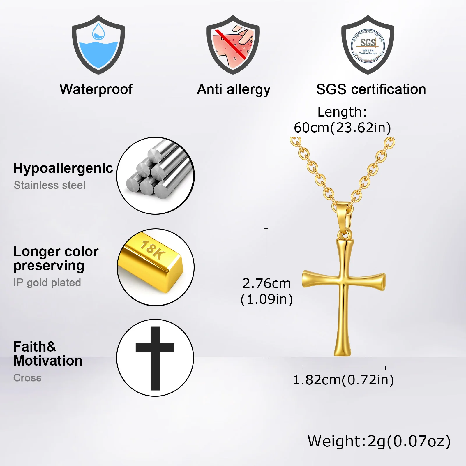 Simple Gold Color Cross Necklace for Men,Stainless Steel Cross Sweater Chain Jewelry Gift