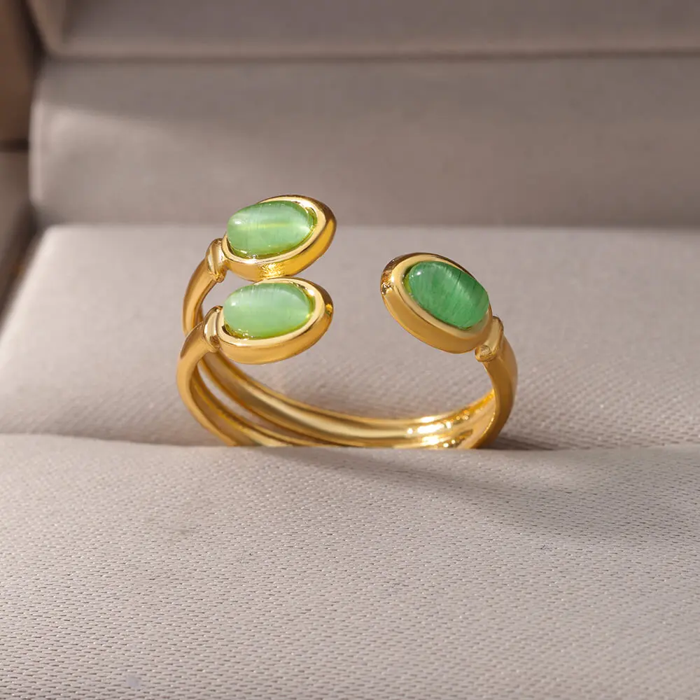 Green Stone Ring For Women Stainless Steel Gold Color Adjustable