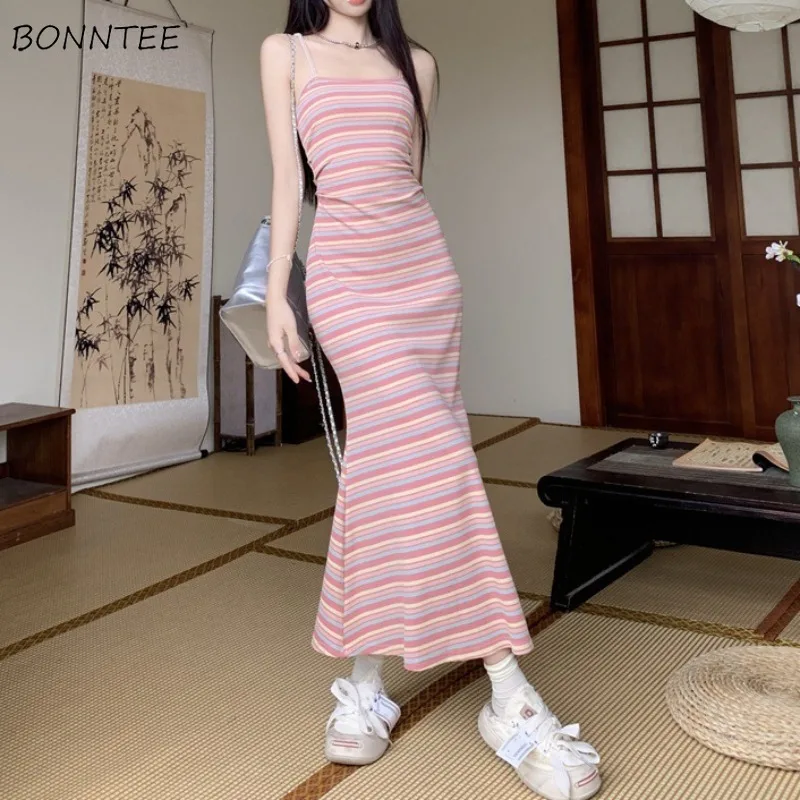 

Dresses Women Rainbow Striped Spaghetti Strap Aesthetic Korean Fashion Streetwear Summer Chic Popular Ins Slim Fit Sweet Gentle