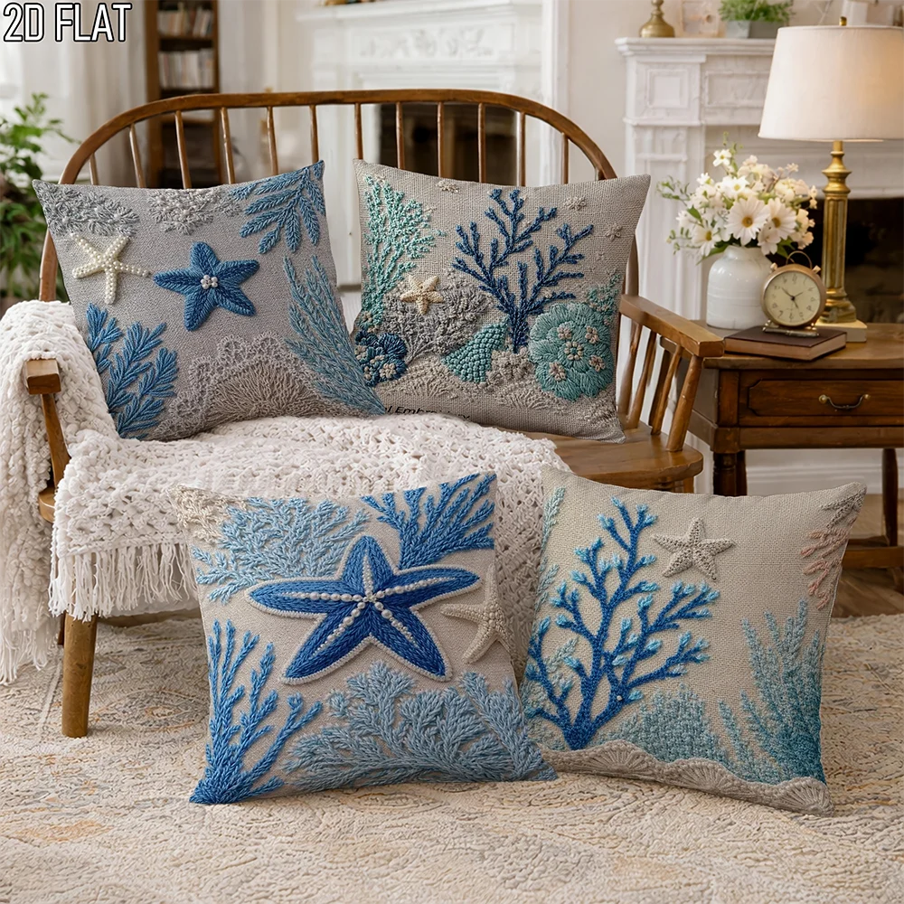 1/4pcs Coastal Ocean Themed Throw Pillow Covers, Starfish Coral Beach Style Cushion Cases for Home Decor 5
