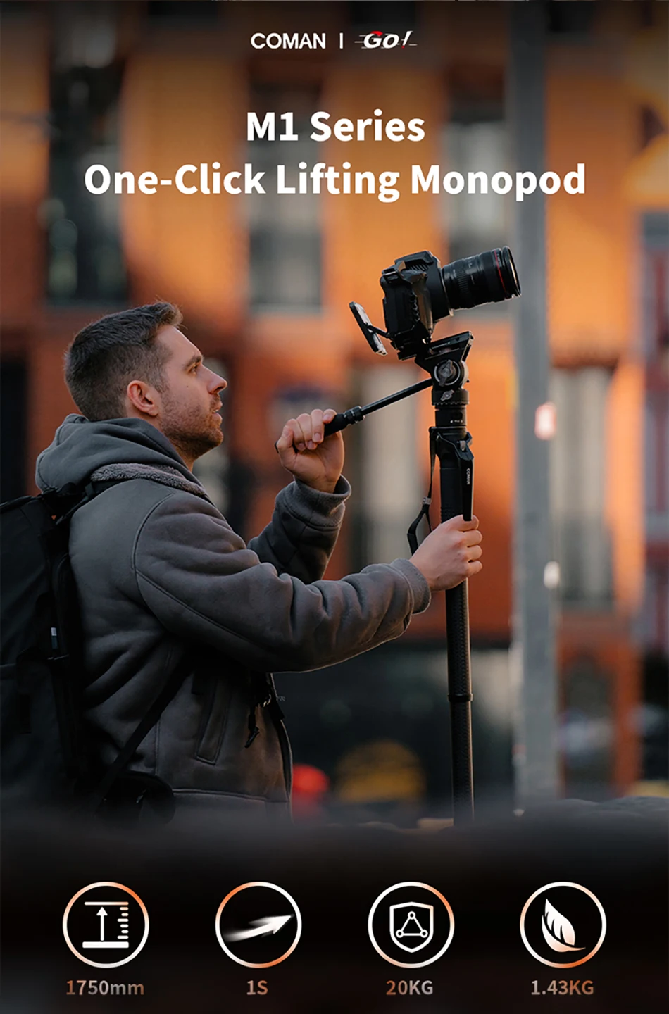 COMAN M1 M1 Pro V5 Carbon Fiber One Click Lifting Tripod Travel Monopod with Qui