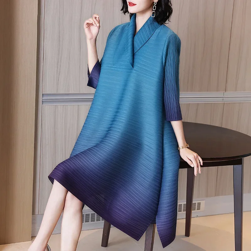 

2023 Mother Pleated Women Dress Design Lapel Collar Over Size Casual Loose Spring Autumn Fashion Women Dresses