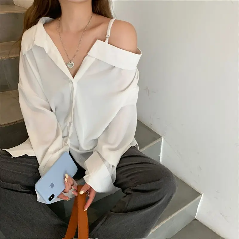 QWEEK Off Shoulder Women Blouse Korean Style Oversized White Shirts Sexy Long Sleeve Black Tops Female Chic Office Casual Spring qweek y2k streetwear black cargo pants women hip hop striped oversized track pants american retro basic wide leg sweatpants