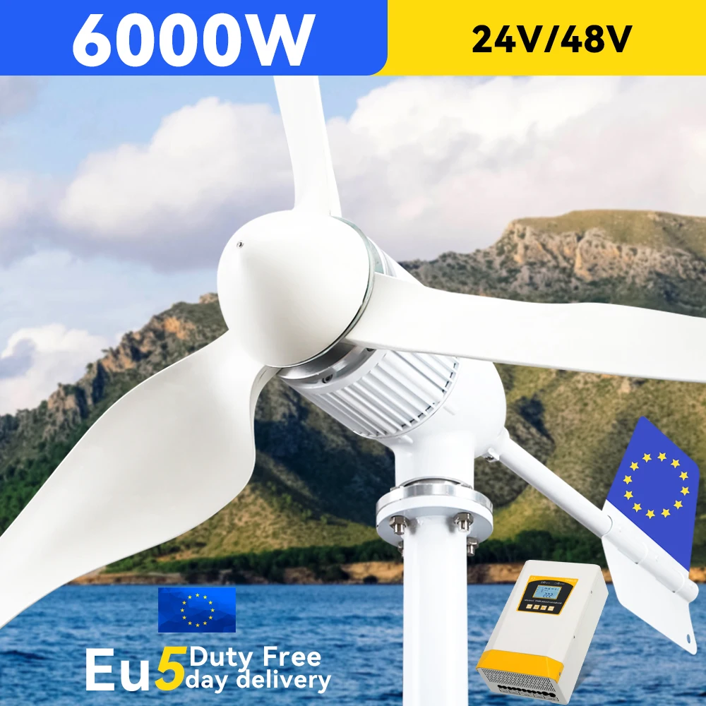 

EU Duty Free 6000W Horizontal Wind Turbine Generator 3Blades 48V 24V 96V With MPPT Charger Controller Off Grid Inverter System