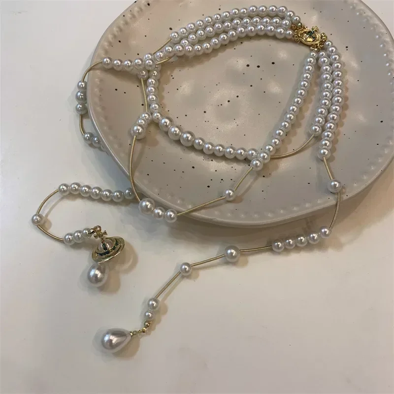 Retro Pearl Necklace For Woman Asymmetrical Long Collarbone Chain More Wear Saturn Necklaces