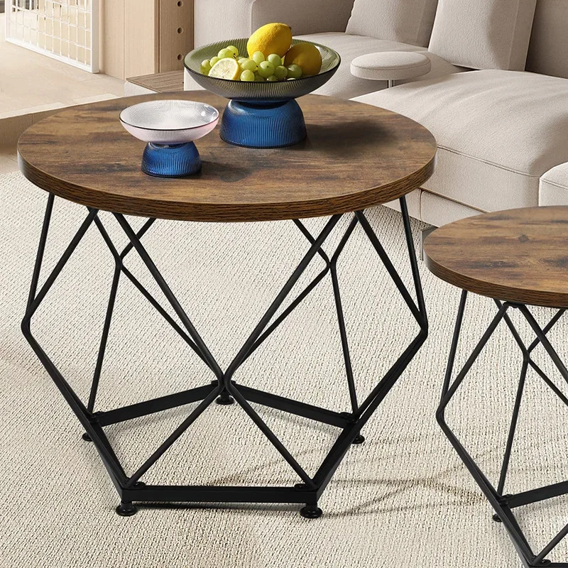 Nordic Light Luxury Steel-wood Coffee Table Two-piece Set Wrought Iron Solid Wood Round Coffee Table Home Low Living Room