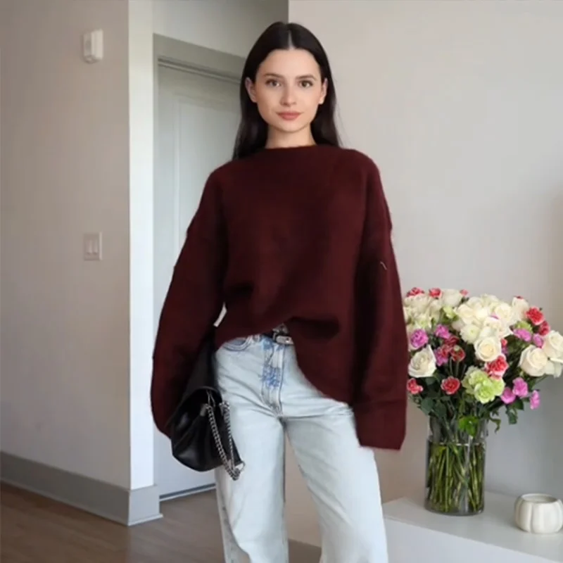 Fashion Burgundy Red Double Breasted Overcoat Women Lace Up Loose Lapel Pockets Long Sleeve Coat New High Street Outerwear