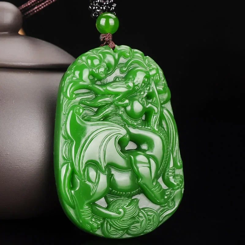 

Chinese Hetian Green Jade Pixiu Pendant Necklace Hand Carving Charm Jewelry Carved Amulet Luck Gifts Men Her