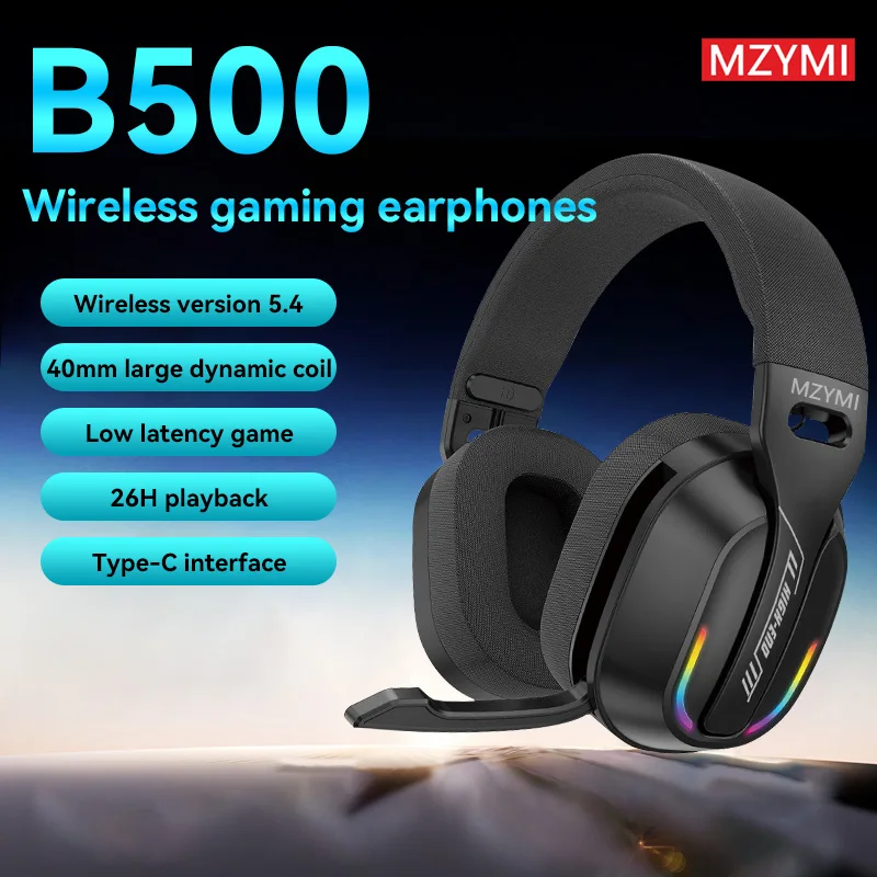 سماعة رأس لاسلكية MZYDM B500 بتقنية البلوتوث 5.4 للألعاب مع إضاءة RGB، سماعات فوق الأذن منخفضة التأخير مع ميكروفون للكمبيوتر