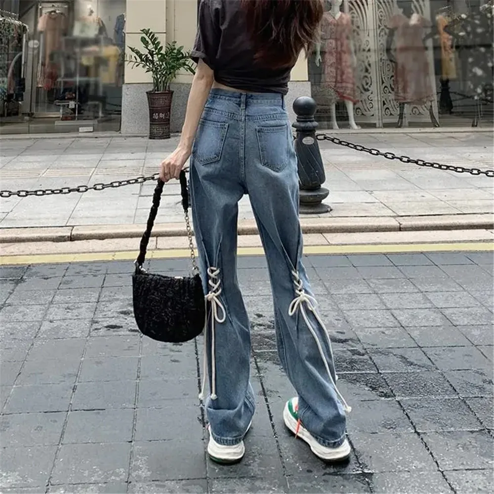 Retro High Waisted Straps Baggy Y2k Jeans Ladies Straight Leg Wide Leg  Pants Women Blue Black 5xl Loose Trousers Fall Streetwear