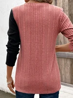 Ribbed Colorblock Button Decor T-Shirt，Casual Long Sleeve Top For Spring & Fall，Women's Clothing 2